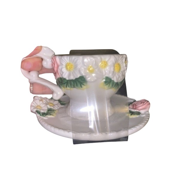 Floral Tea Cup and Saucer Set Decorative‎ Daisies Roses Ceramic Display - Picture 1 of 6